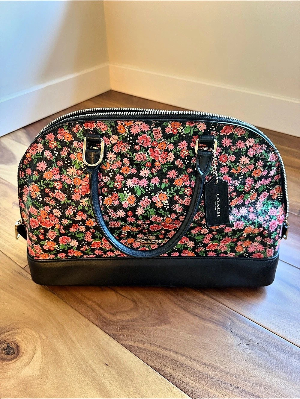 COACH Mini Sierra Satchel in Cross Stitch Floral Print Floral Print Black & Pink